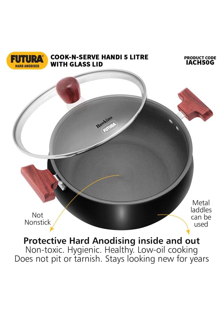 Hawkins Futura Cook N Serve Handi Cooking Pot | 5 L | 5.3 Qt | Induction Compatible | With Lid - Indya