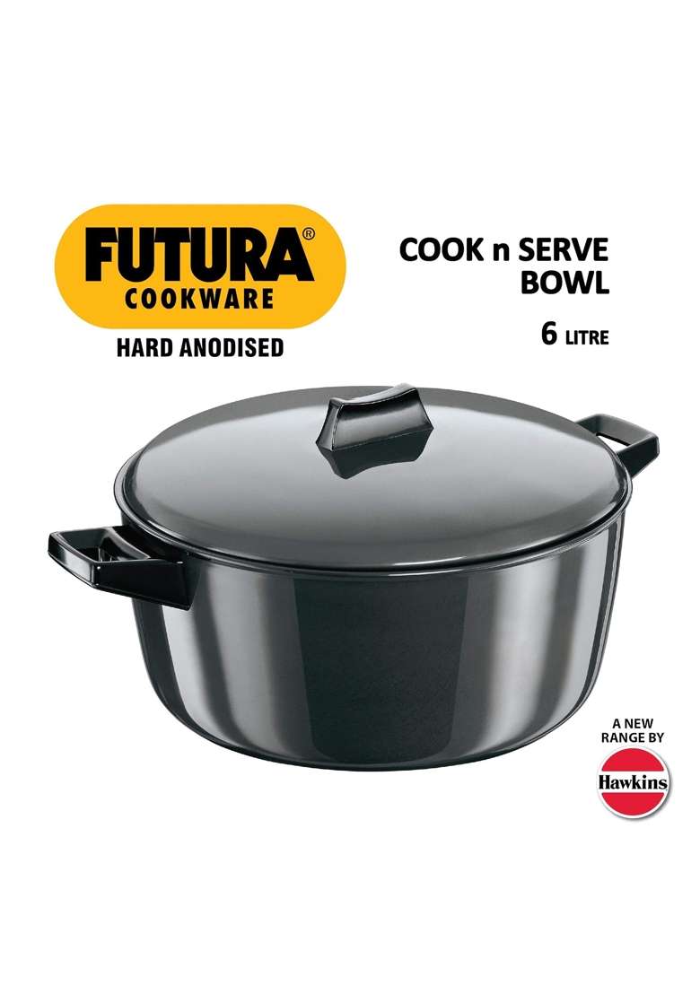 Hawkins Futura Cook N Serve Bowl Hard Anodised Saucepan with Lid | 6 L | 6.3 Qt - Indya