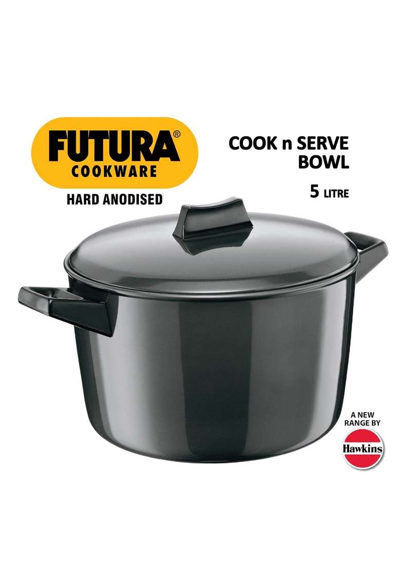 Hawkins Futura Cook N Serve and Cook N Serve Hard Anodised Saucepan with Hard Lid Black | 5 L | 5.3 Qt - Indya