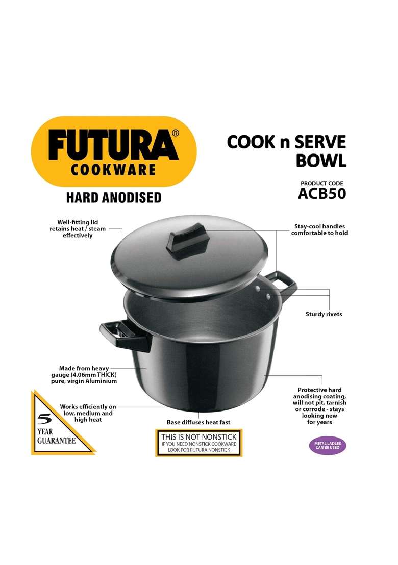 Hawkins Futura Cook N Serve and Cook N Serve Hard Anodised Saucepan with Hard Lid Black | 5 L | 5.3 Qt - Indya