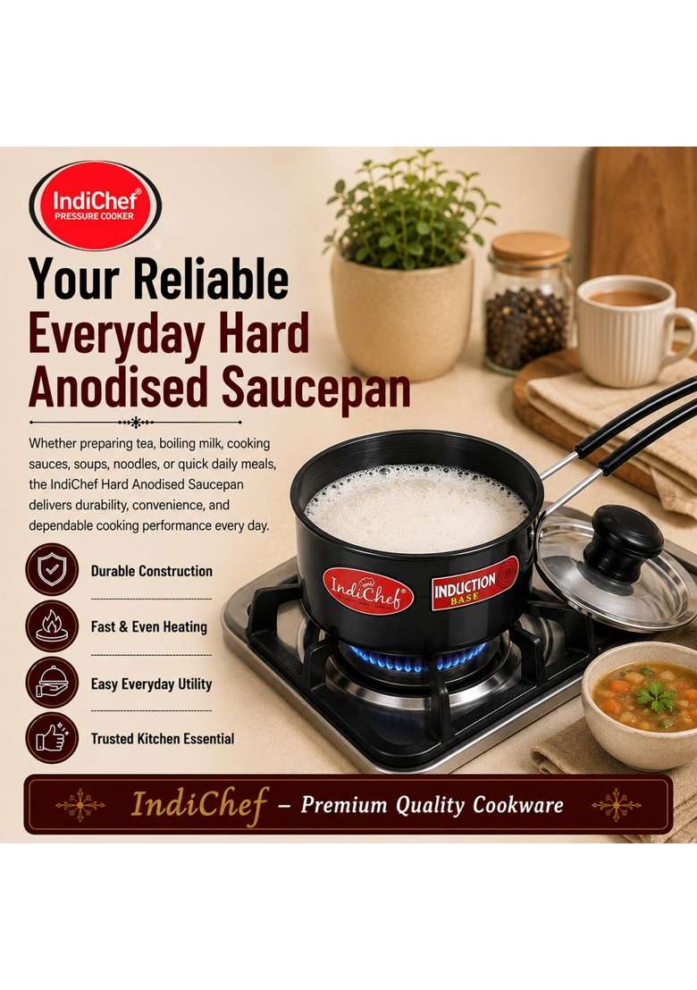 IndiChef Hard Anodised Saucepan Tea Pan Milk Pan | 2 L | 2.1 Qt | Induction Compatible - Indya