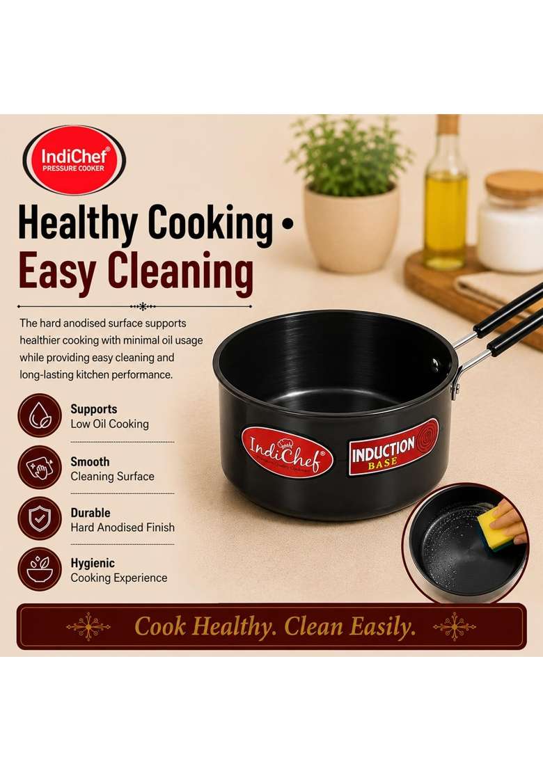 IndiChef Hard Anodised Saucepan Tea Pan Milk Pan | 2 L | 2.1 Qt | Induction Compatible - Indya