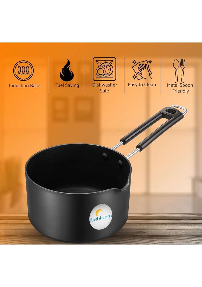 FLIXBLOOM Cosmic Black Induction Base Hard Anodised Kitchen Cookware Utensil Sauce Pan | 2 L | 2.1 Qt - Indya