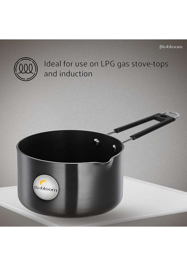 FLIXBLOOM Special Induction Base Kitchen Utensils Cookware Set Hard Anodised Black | 1.2 L | 1.3 Qt - Indya
