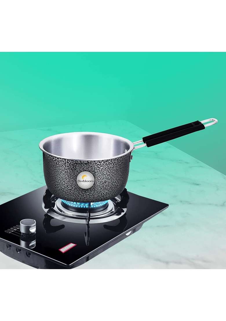 FLIXBLOOM Graceful Premium Hard Anodised Sauce Pan with Stainless Steel Handle Black | 1.5 L | 1.6 Qt | Induction Compatible - Indya