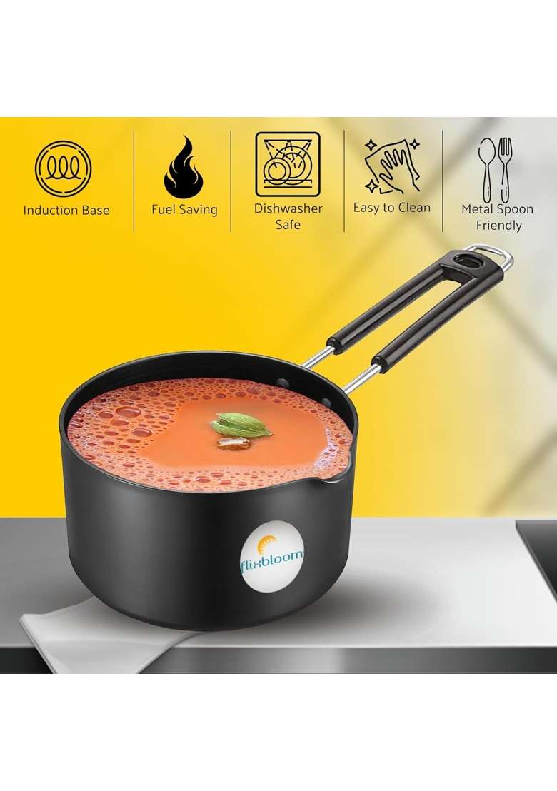 FLIXBLOOM Cosmos Black Hard Anodised Induction Bottom Cookware Kitchen Sauce Pan | 1.5 L | 1.6 Qt - Indya