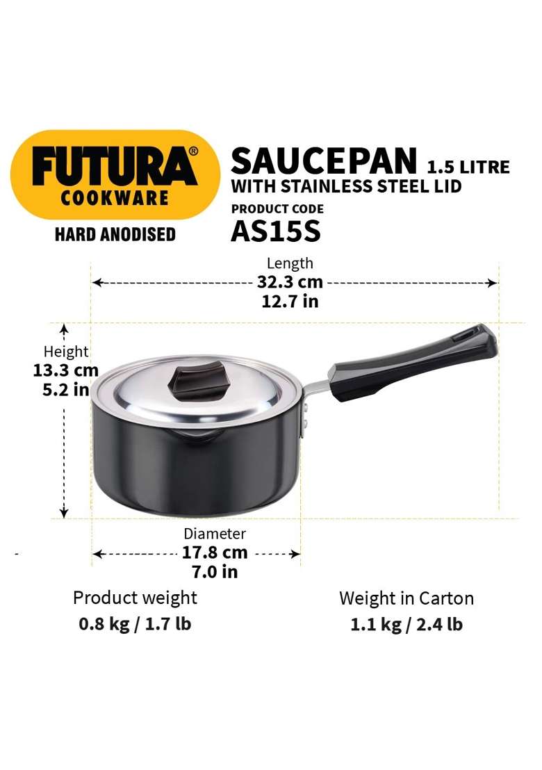 Hawkins - L95 Futura Hard Anodised Sauce Pan with Lid | 1.5 L | 1.6 Qt - Indya