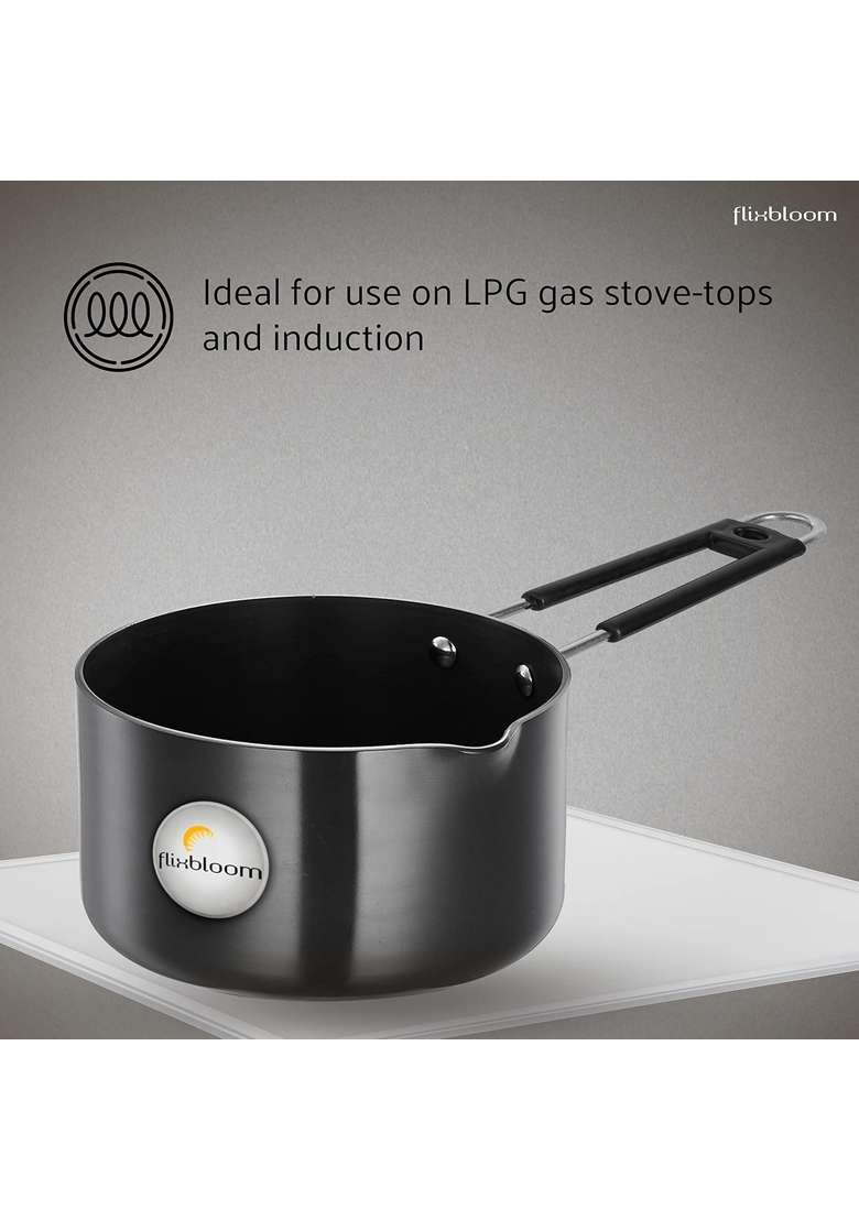FLIXBLOOM Cosmic Black Induction Base Hard Anodised Kitchen Cookware Utensil Sauce Pan | 3 L | 3.2 Qt - Indya