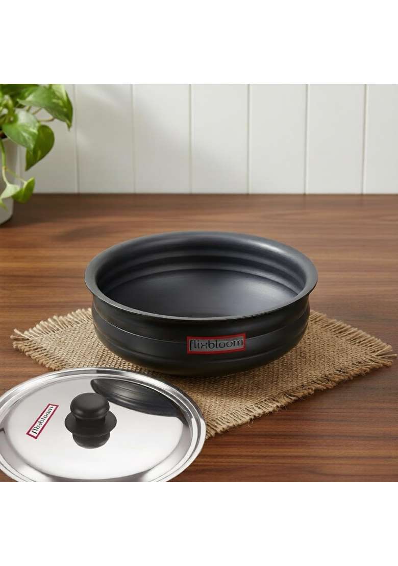 FLIXBLOOM Global Kitchen Hard Anodised Black Induction Base Cookware LPG Gas Stovetop | 2 L | 2.1 Qt | With Lid - Indya
