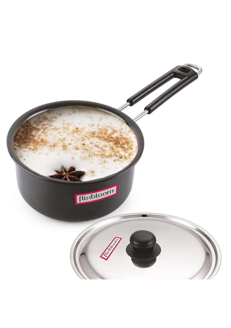 FLIXBLOOM Cosmic Black Hard Anodized Induction Bottom Base Deep Kitchen Cookware Sauce | 2.5 L | 2.6 Qt | With Lid - Indya