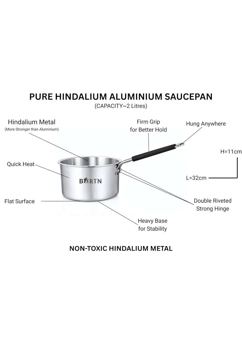 BARTN Premium Hindalium Silver Saucepan for Tea Milk Water | 2 L | 2.1 Qt | Heavy Bottom | Non-Toxic - Indya