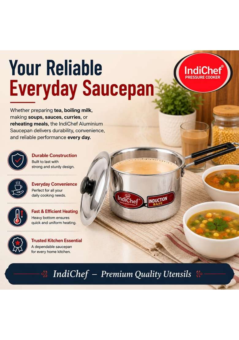 IndiChef Aluminium Induction Friendly Saucepan Tea Pan Milk | 2 L | 2.1 Qt | Heavy Bottom | Non-Toxic | With Lid - Indya