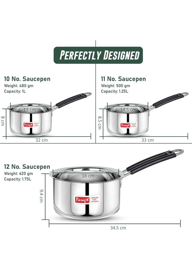 Parage Stainless Steel Sauce Pan | 1 L | 1.1 Qt | 3-Piece Set | Induction Compatible - Indya
