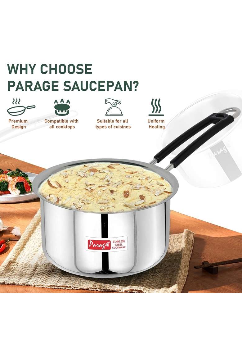 Parage Stainless Steel Sauce Pan | 1 L | 1.1 Qt | 3-Piece Set | Induction Compatible - Indya