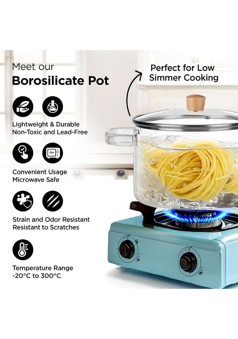 The Better Home Borosilicate Glass Saucepan with Lid and Handle | 1.45 L | 1.5 Qt | Microwave Safe - Indya