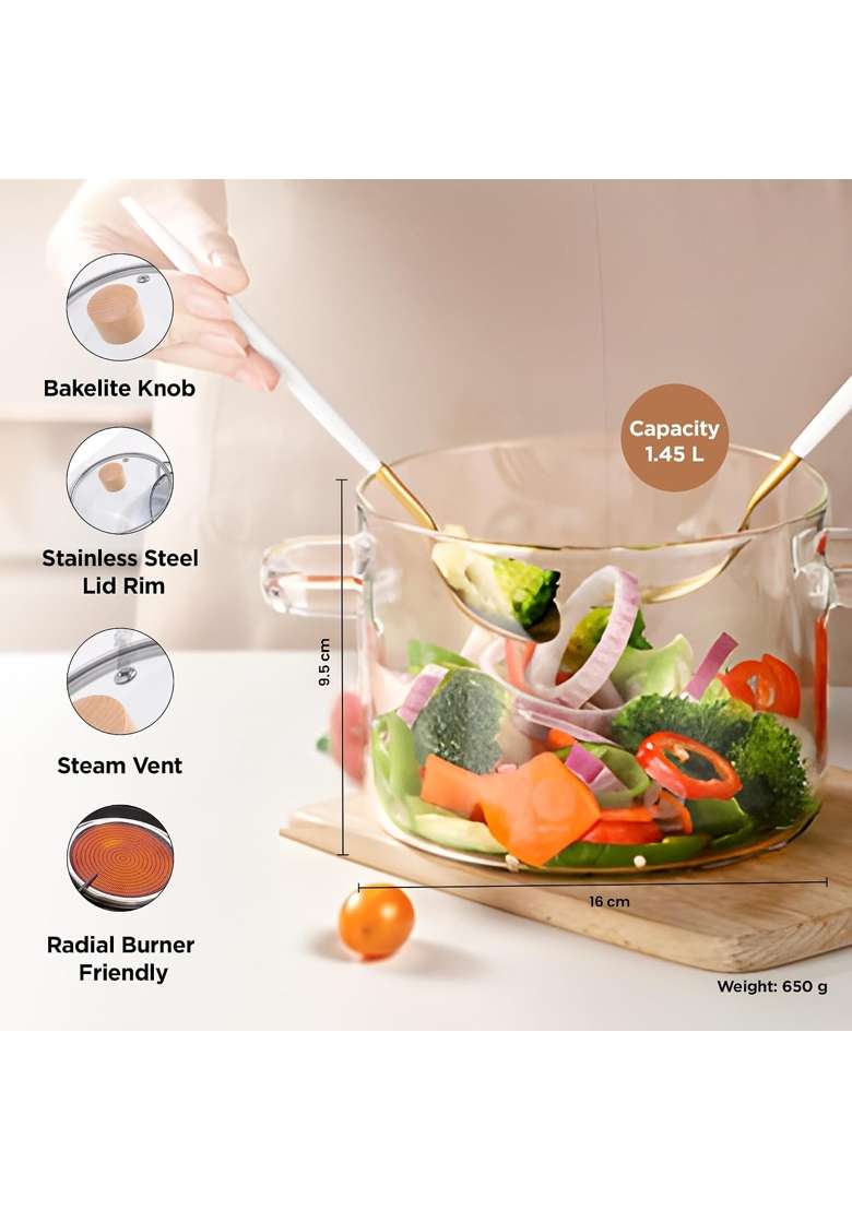The Better Home Borosilicate Glass Saucepan with Lid and Handle | 1.45 L | 1.5 Qt | Microwave Safe - Indya