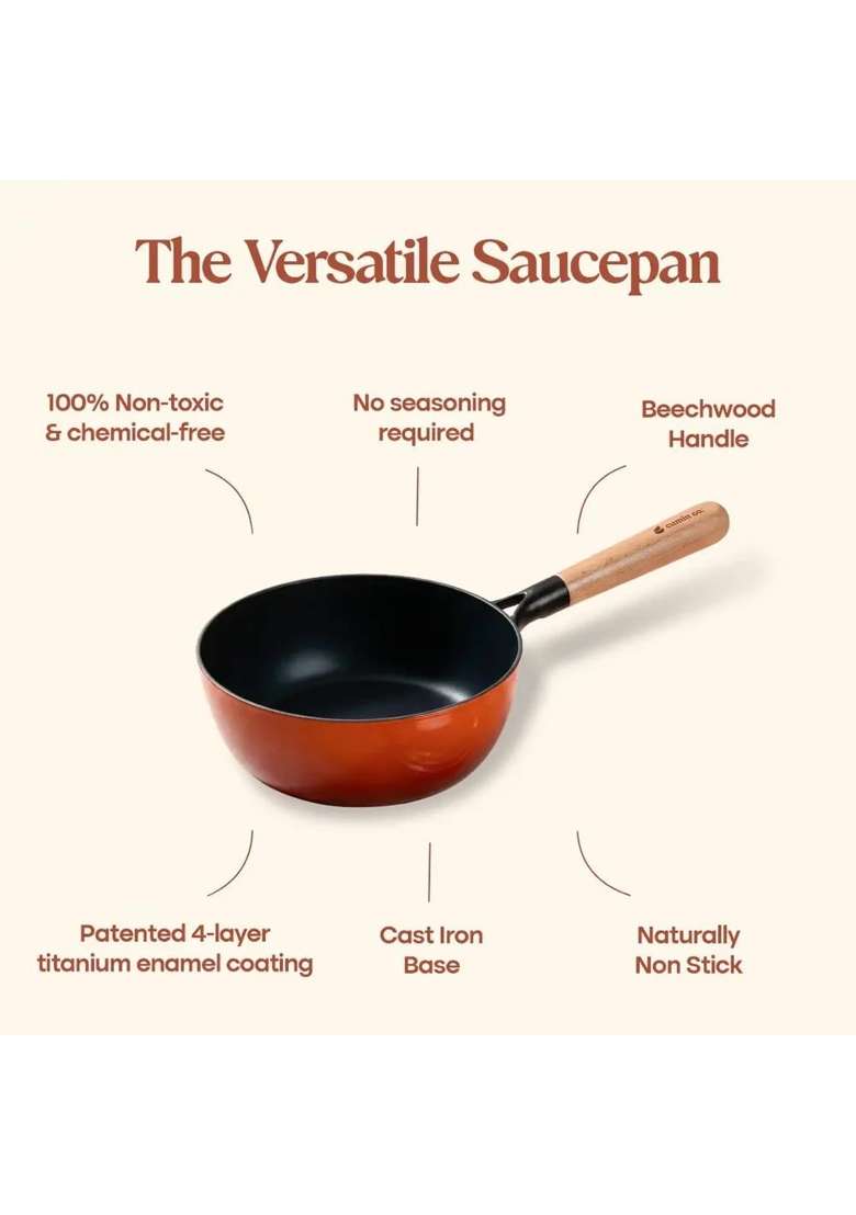 CUMIN CO. Enamel Cast Iron Sauce Pan with Lid | 1.5 L | 1.6 Qt | 18 cm | 7.1 Inch | Induction Compatible | Non-Toxic - Indya