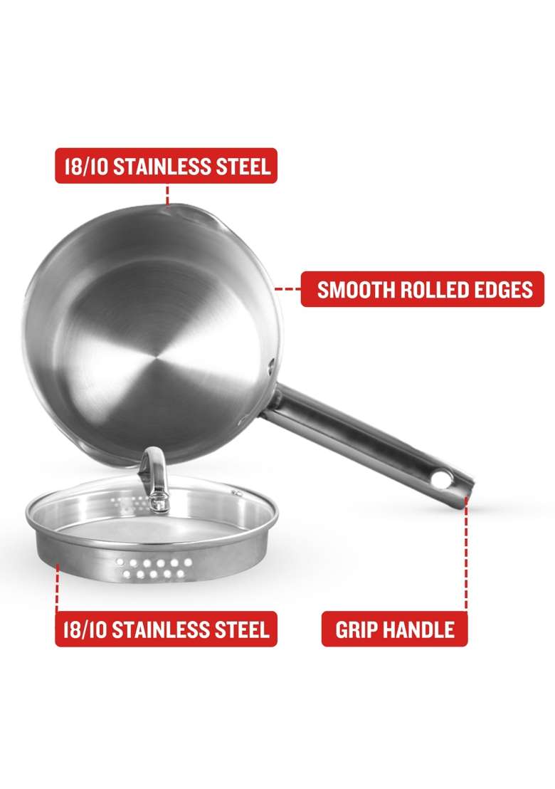 PLUMM Get Plumm Stainless Steel Sauce Pan | 2.5 L | 2.6 Qt | 18 cm | 7.1 Inch | Induction Compatible | Heavy Bottom | With Lid - Indya