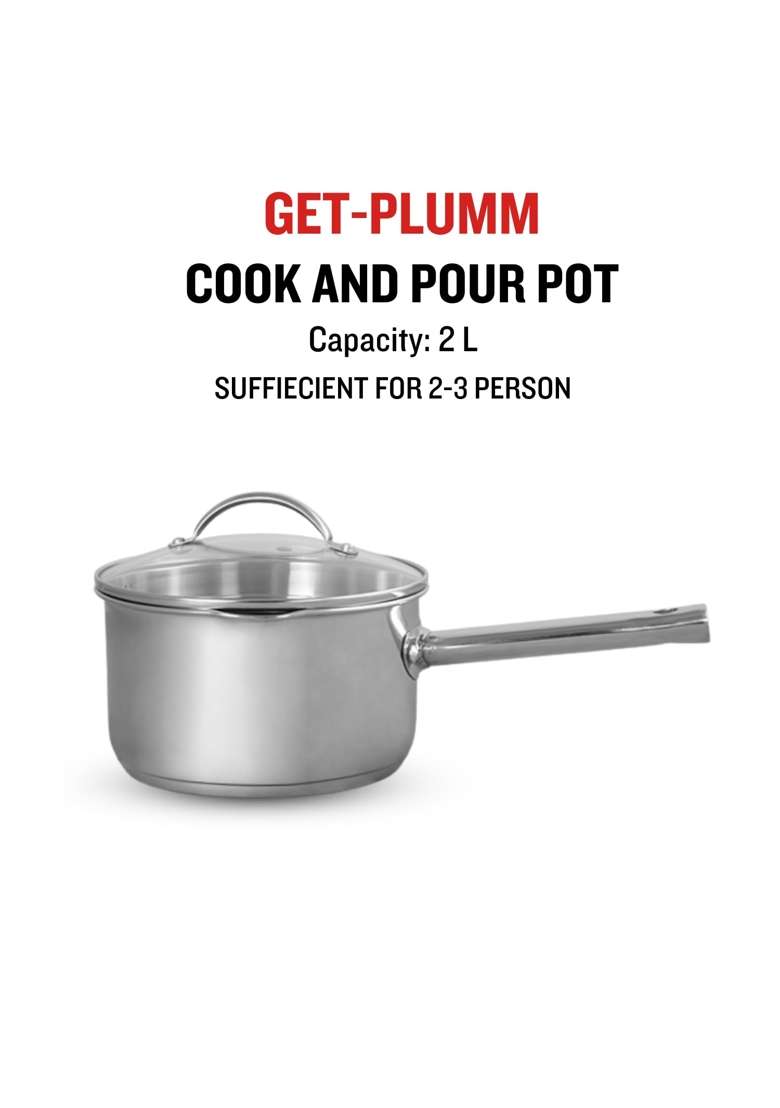 PLUMM Get Plumm Stainless Steel Sauce Pan | 2.5 L | 2.6 Qt | 18 cm | 7.1 Inch | Induction Compatible | Heavy Bottom | With Lid - Indya