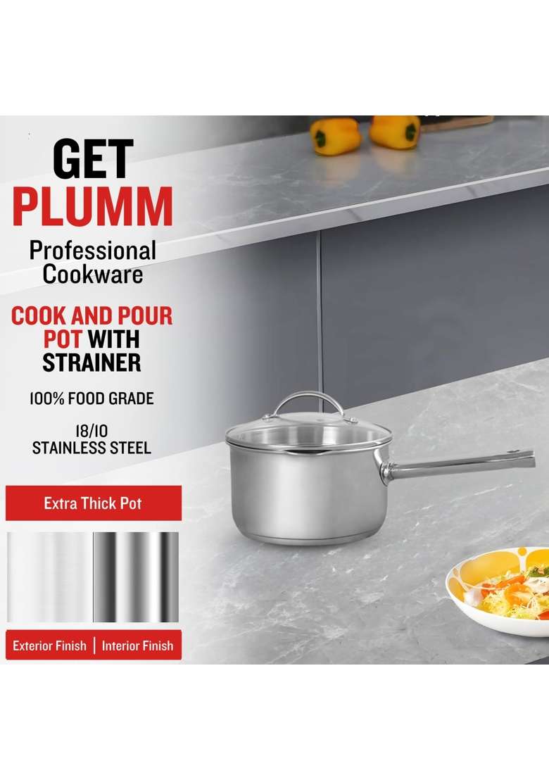 PLUMM Get Plumm Stainless Steel Sauce Pan | 2.5 L | 2.6 Qt | 18 cm | 7.1 Inch | Induction Compatible | Heavy Bottom | With Lid - Indya