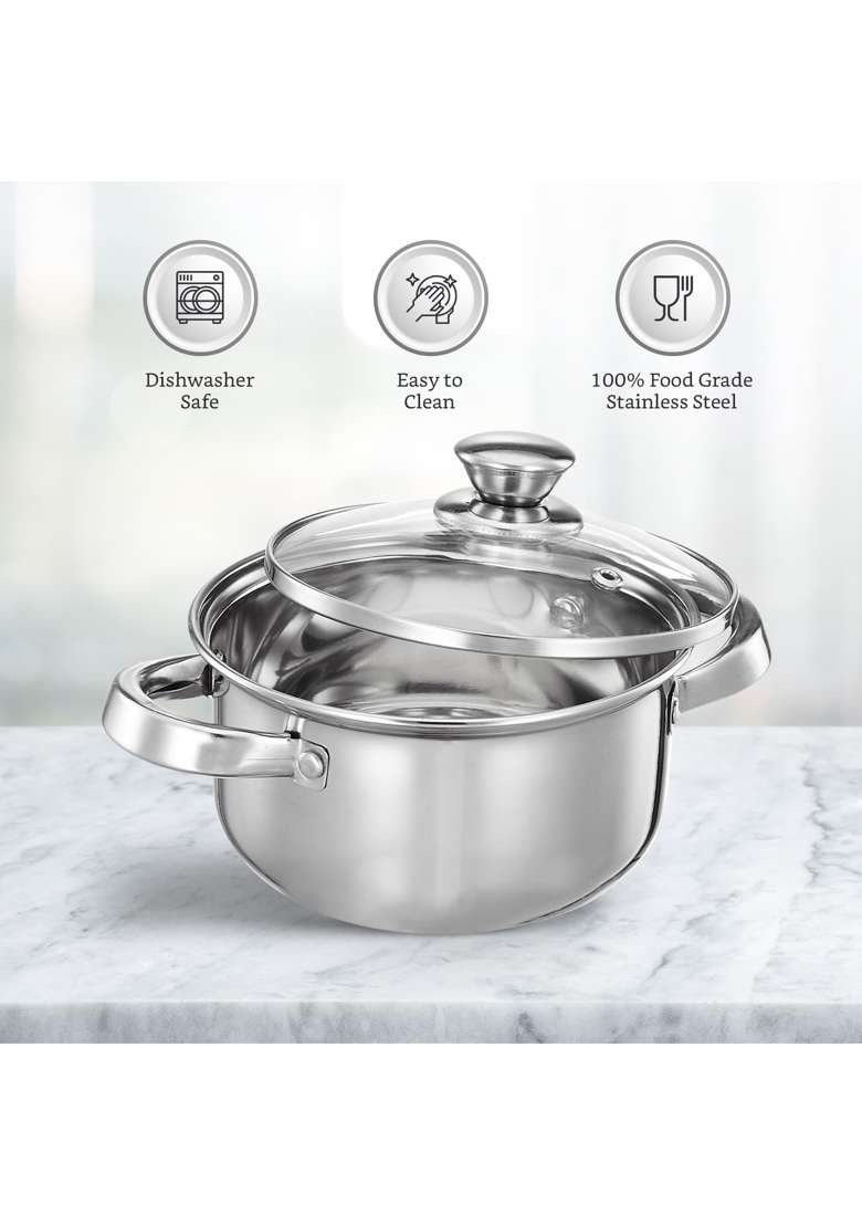 Solimo Amazon Brand Solimo Stainless Steel Casserole with Glass Lid | 14 cm | 5.5 Inch | Dishwasher Safe - Indya