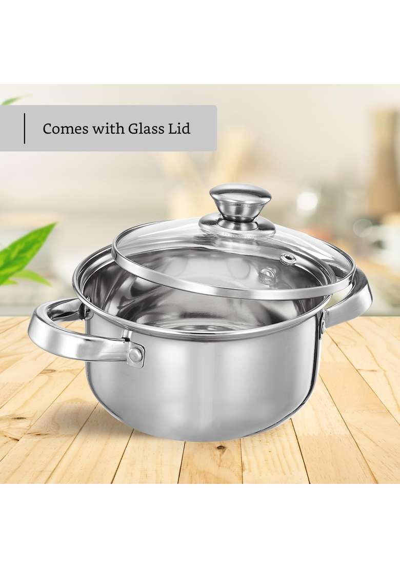 Solimo Amazon Brand Solimo Stainless Steel Casserole with Glass Lid | 14 cm | 5.5 Inch | Dishwasher Safe - Indya