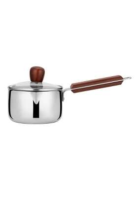 Chakmak Iroko Triply Stainless Steel Saucepan with Glass Lid | 1 L | 1.1 Qt | 14 cm | 5.5 Inch | Induction Compatible