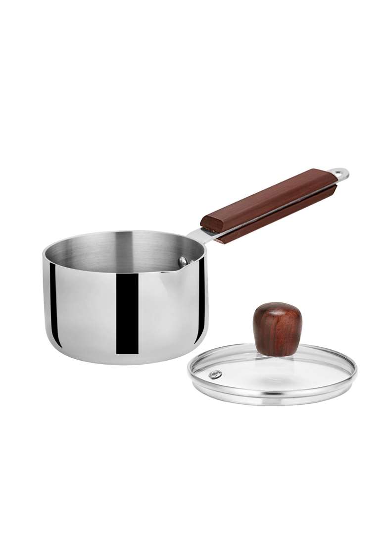 Chakmak Iroko Triply Stainless Steel Saucepan with Glass Lid | 1 L | 1.1 Qt | 14 cm | 5.5 Inch | Induction Compatible - Indya