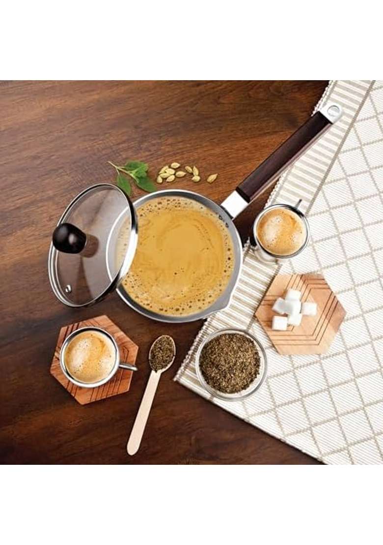 Chakmak Iroko Triply Stainless Steel Saucepan with Glass Lid | 1 L | 1.1 Qt | 14 cm | 5.5 Inch | Induction Compatible - Indya