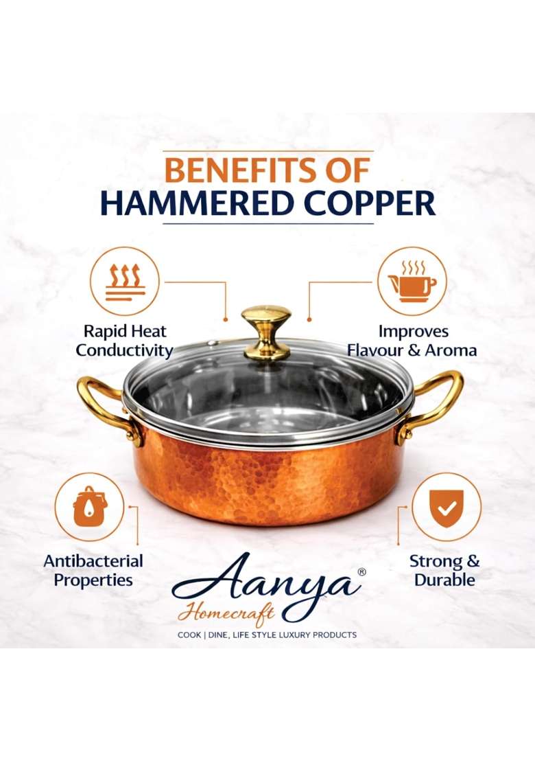 AANYA HOME CRAFT Aanya Homecraft Hammered Copper Sauce Pan with Lid | 0.4 L | 0.4 Qt | 16.5 cm | 6.5 Inch - Indya