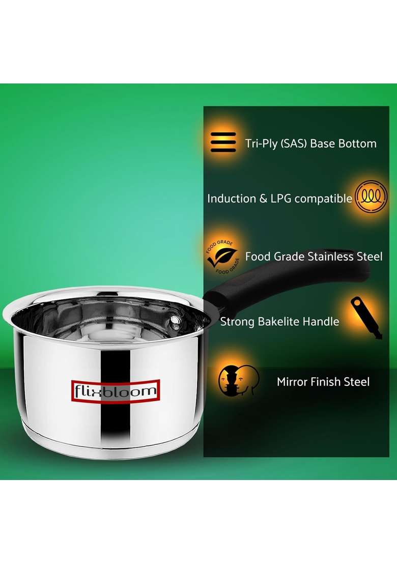 FLIXBLOOM Special Induction and Gas Stove Friendly Sauce Pan Stainless Steel Saucepan Deep | 1.5 L | 1.6 Qt - Indya