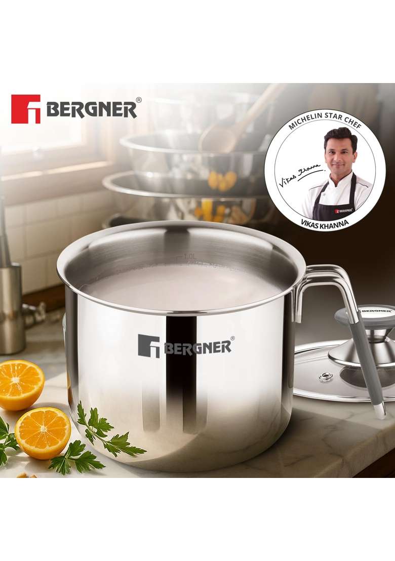 BERGNER Argent Triply Stainless Steel | 1 L | 1.1 Qt | 12 cm | 4.7 Inch | Induction Compatible | With Lid - Indya