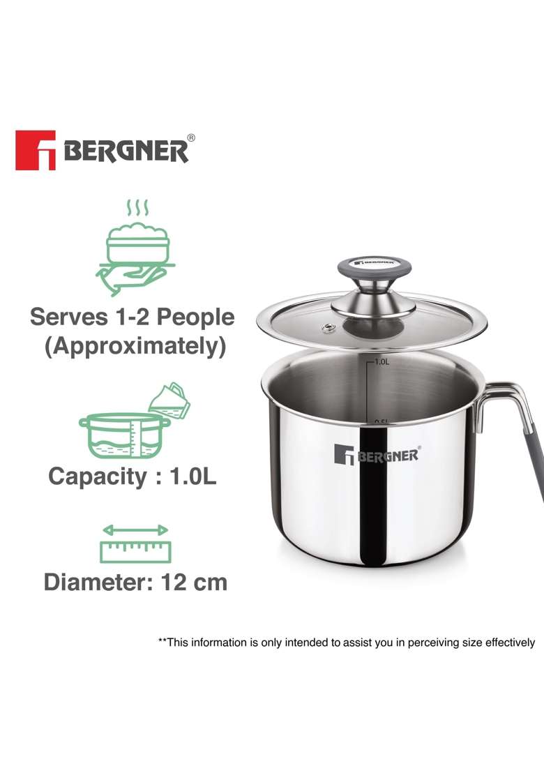 BERGNER Argent Triply Stainless Steel | 1 L | 1.1 Qt | 12 cm | 4.7 Inch | Induction Compatible | With Lid - Indya