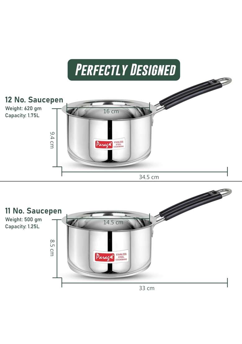 Parage Stainless Steel Sauce Pan | 1.25 L | 1.3 Qt | 2-Piece Set | Induction Compatible - Indya