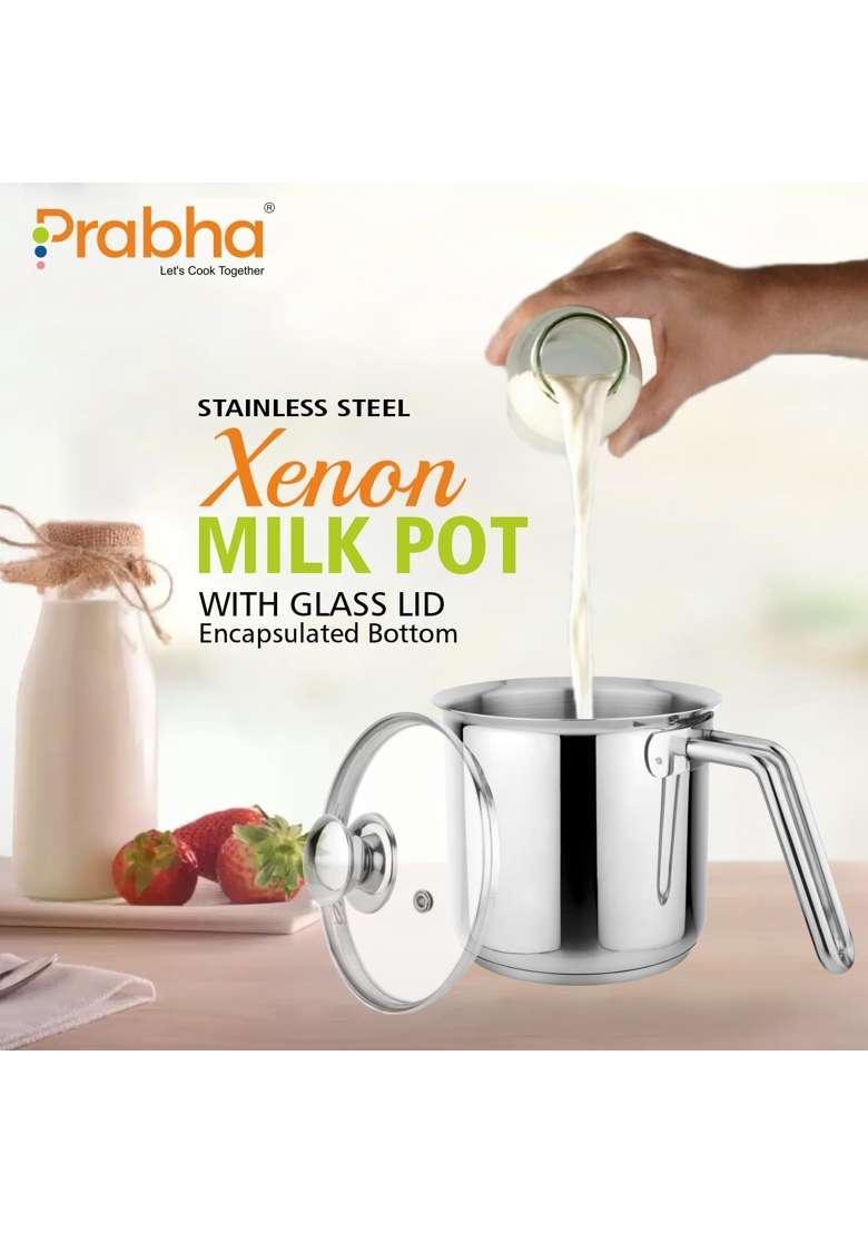 Prabha Stainless Steel Milk Pot with Handle. | 18 L | 19 Qt | 14 cm | 5.5 Inch | Induction Compatible - Indya