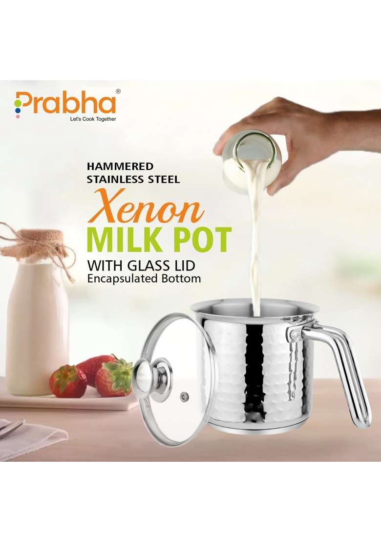 Prabha Stainless Steel Milk Pot with Handle | 1.8 L | 1.9 Qt | 14 cm | 5.5 Inch | Induction Compatible | Hammered Finish - Indya
