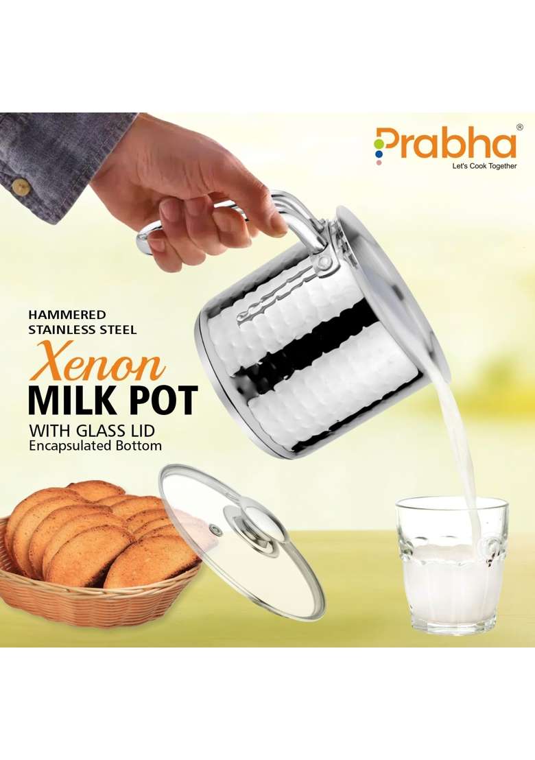 Prabha Stainless Steel Milk Pot with Handle | 1.8 L | 1.9 Qt | 14 cm | 5.5 Inch | Induction Compatible | Hammered Finish - Indya