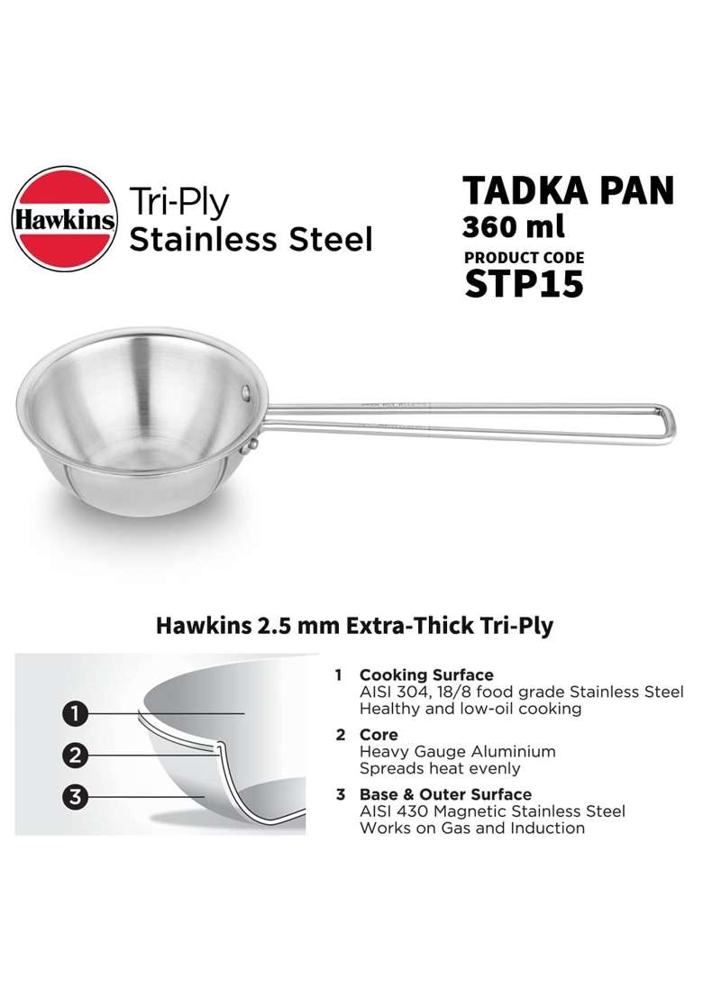Hawkins 1.5 Cup Tadka Pan Triply Stainless Steel Pan | 360 ml | 12.2 fl oz - Indya