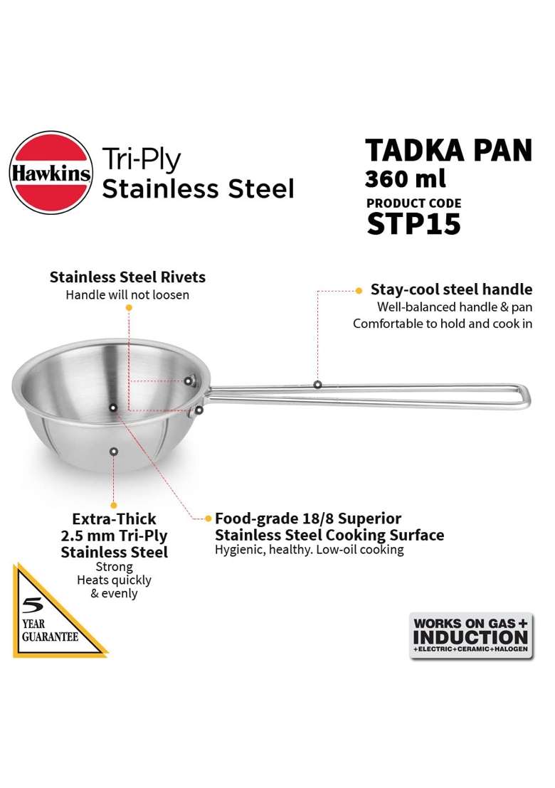 Hawkins 1.5 Cup Tadka Pan Triply Stainless Steel Pan | 360 ml | 12.2 fl oz - Indya