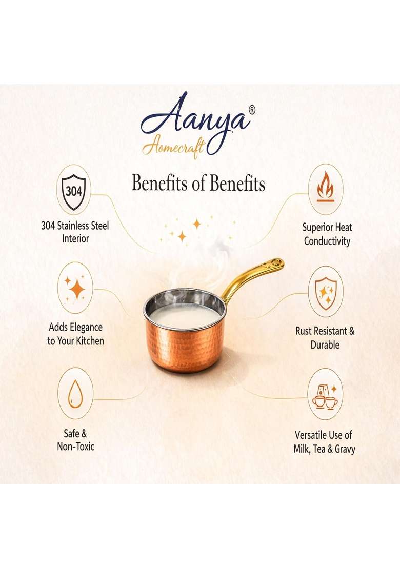 AANYA HOME CRAFT Aanya Homecraft Copper Sauce Pan with Long Handle | 0.4 L | 0.4 Qt | 22 cm | 8.7 Inch - Indya