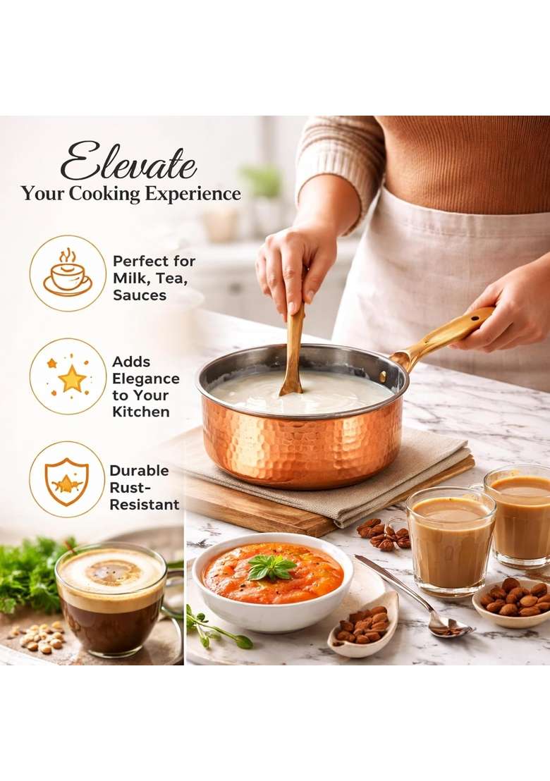 AANYA HOME CRAFT Aanya Homecraft Copper Sauce Pan with Long Handle | 0.4 L | 0.4 Qt | 22 cm | 8.7 Inch - Indya