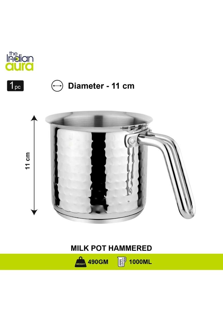 The Indian Aura Stainless Steel Milk Pot Without Lid | 1 L | 1.1 Qt | 11 cm | 4.3 Inch | Induction Compatible | Hammered Finish - Indya