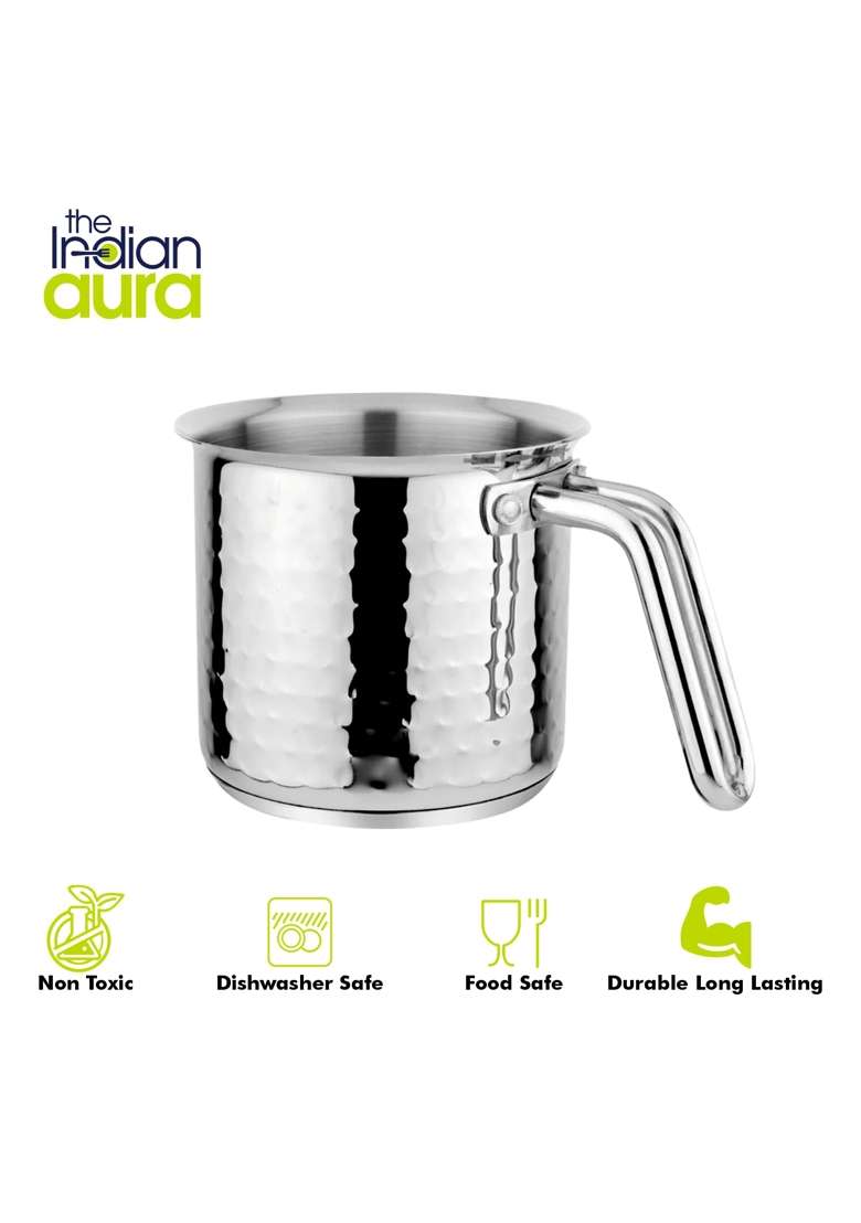 The Indian Aura Stainless Steel Milk Pot Without Lid | 1 L | 1.1 Qt | 11 cm | 4.3 Inch | Induction Compatible | Hammered Finish - Indya