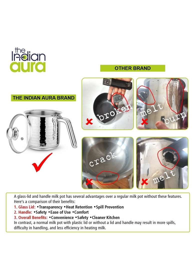 The Indian Aura Stainless Steel Milk Pot Without Lid | 1 L | 1.1 Qt | 11 cm | 4.3 Inch | Induction Compatible | Hammered Finish - Indya