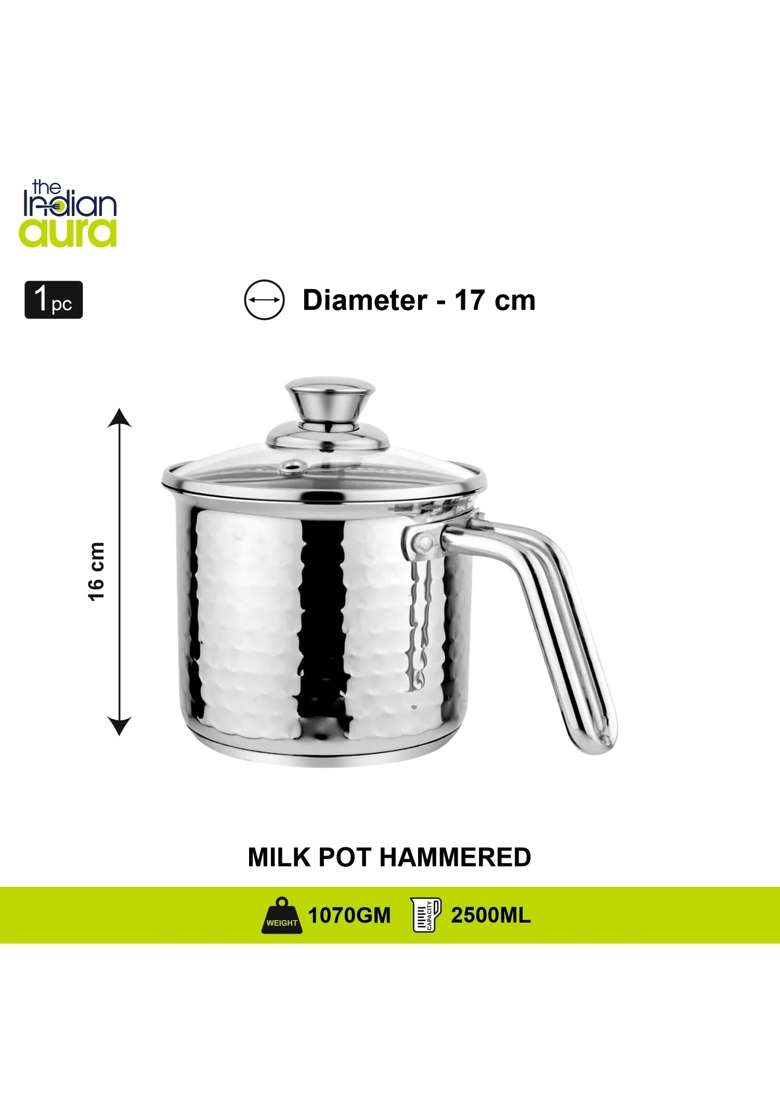 The Indian Aura Stainless Steel Milk Pot with Glass Lid | 1 L | 1.1 Qt | 17 cm | 6.7 Inch | Hammered Finish - Indya