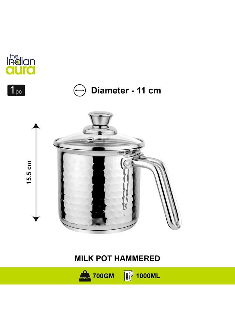The Indian Aura Stainless Steel Milk Pot with Glass Lid | 1 L | 1.1 Qt | 17 cm | 6.7 Inch | Hammered Finish - Indya