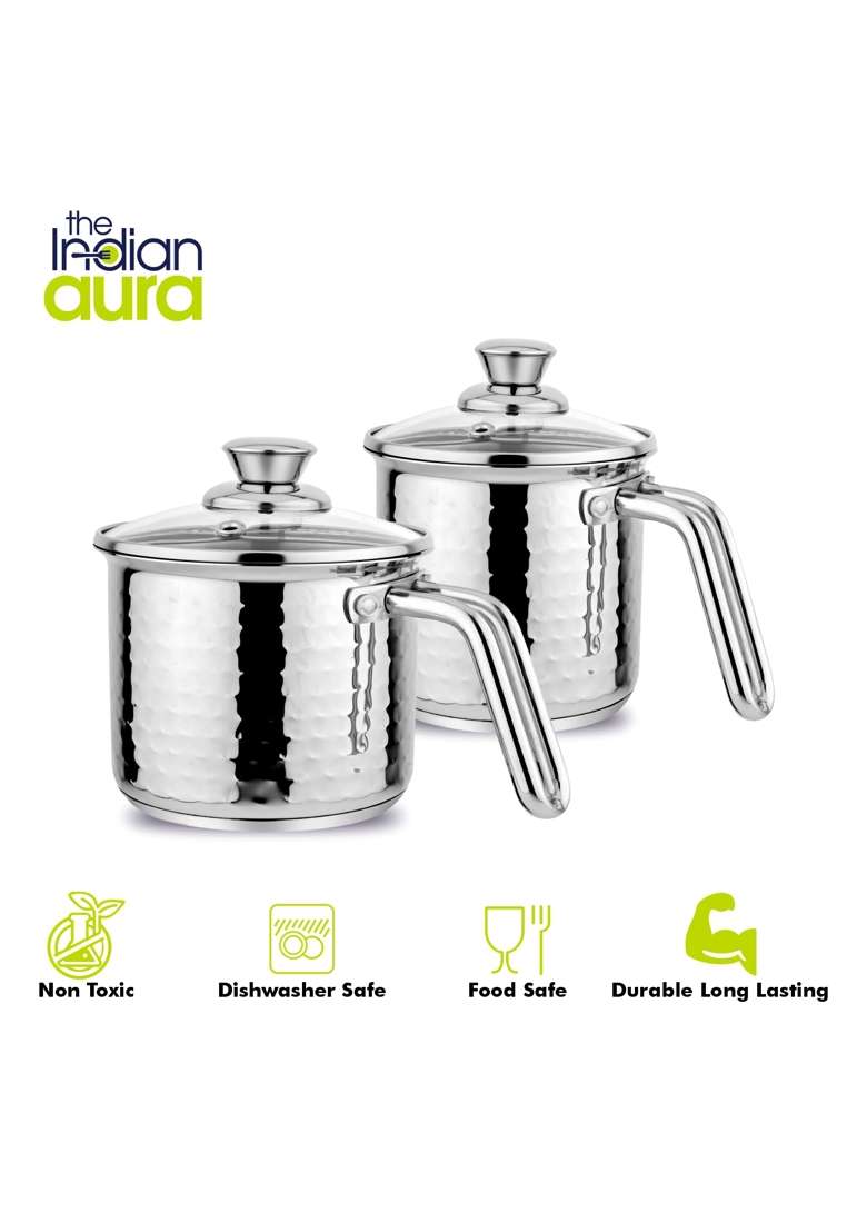 The Indian Aura Stainless Steel Milk Pot with Glass Lid | 1 L | 1.1 Qt | 17 cm | 6.7 Inch | Hammered Finish - Indya
