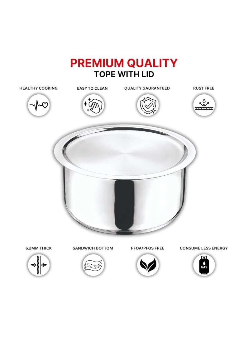 Vinod Stainless Steel 304 Grade Tope Cooking Pot Patila Topiya with Lid | 1.6 L | 1.7 Qt | 16 cm | 6.3 Inch | Induction Compatible - Indya