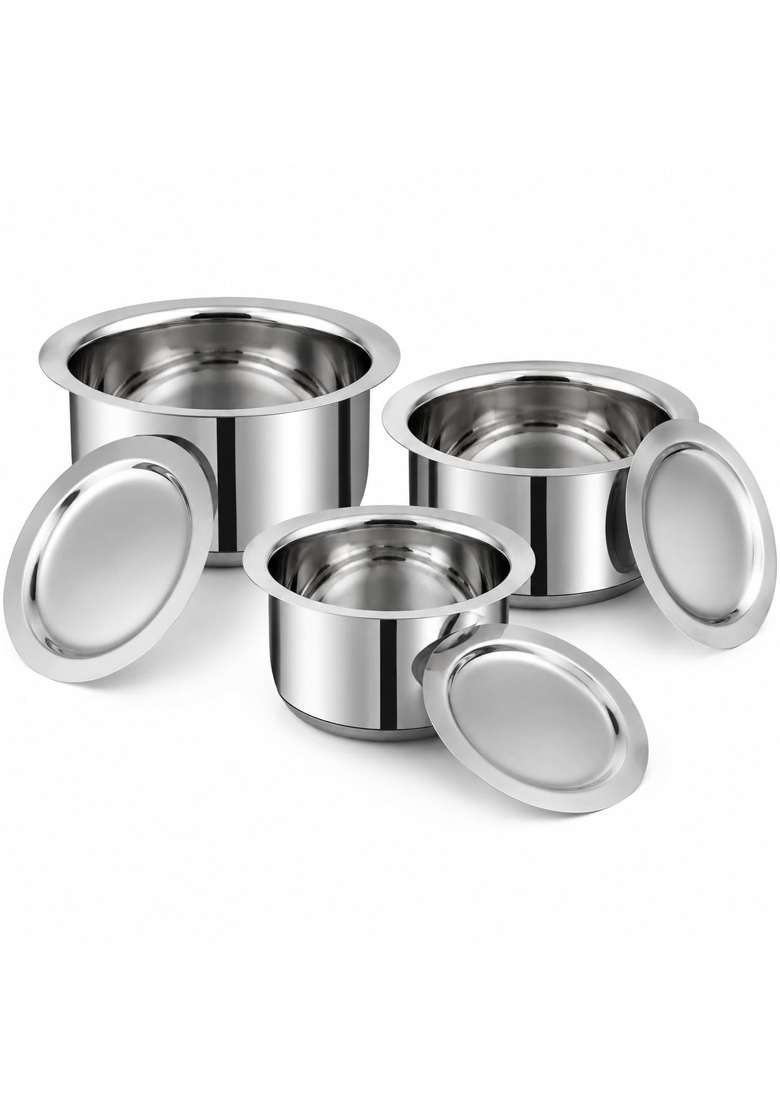 Vinod Stainless Steel Tope Cooking Pot Set with Lid | 1.8 L | 1.9 Qt | 3-Piece Set | Induction Compatible | Dishwasher Safe - Indya