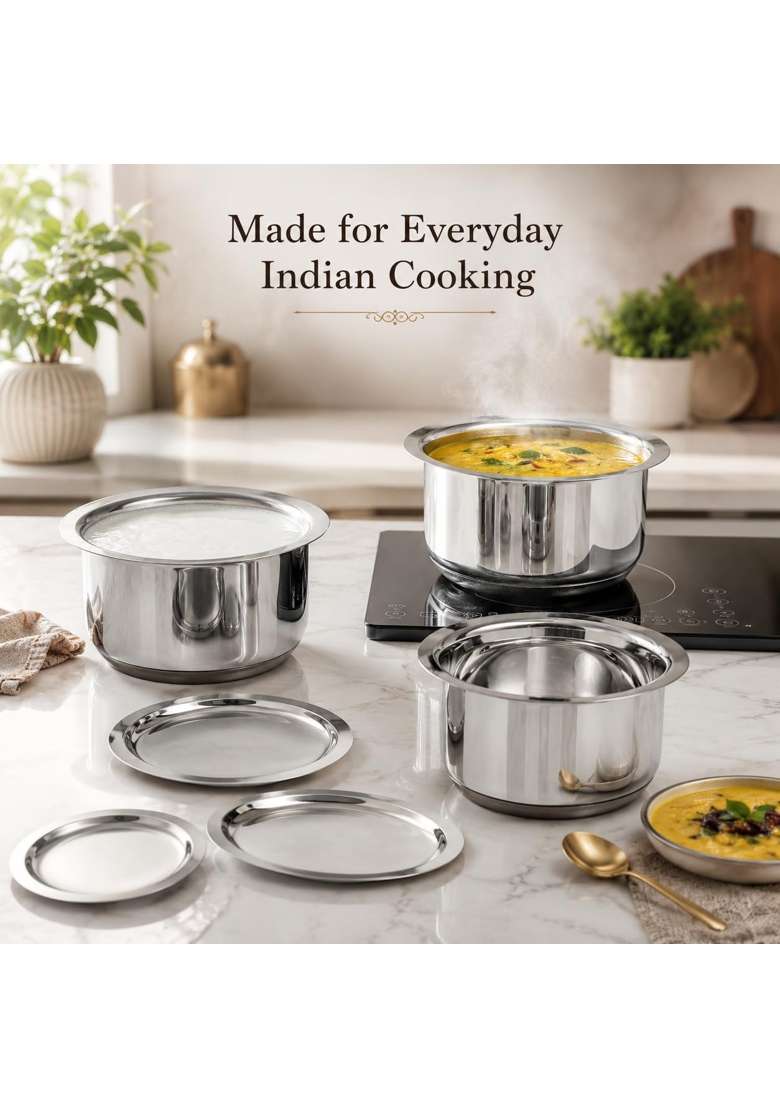 Vinod Stainless Steel Tope Cooking Pot Set with Lid | 1.8 L | 1.9 Qt | 3-Piece Set | Induction Compatible | Dishwasher Safe - Indya